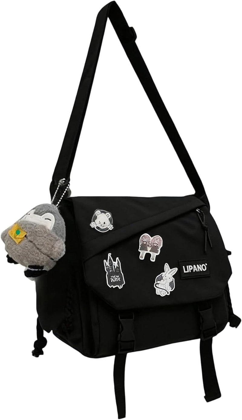 INSHERE Aesthetic Crossbody Bag with Cute Pins and Ornament, Nylon Shoulder Messenger Bag Japanese Kawaii Bag for Women Men - Image 1